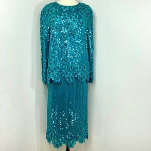 Vintage Silk Teal Beaded Sequin Midi Skirt and Top Set Large Glam Formal Holiday